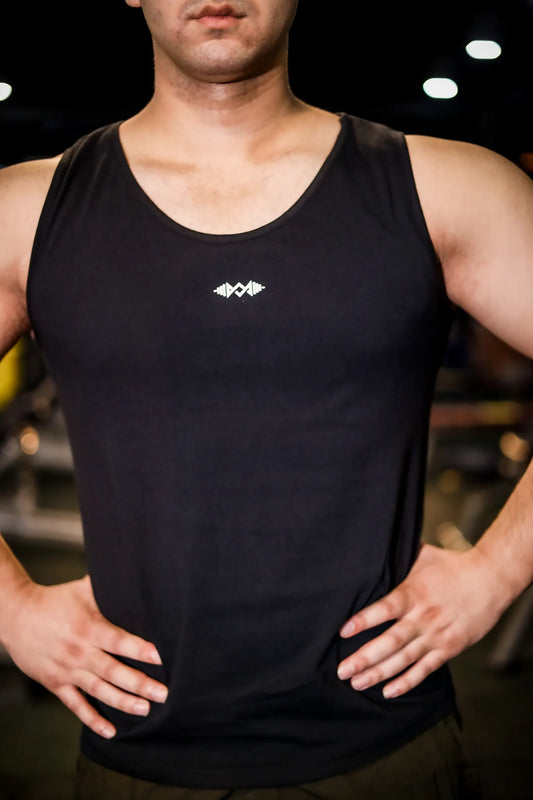 Close-up view of men's compression tank top in plain black, offering a snug fit and comfort for active wear
