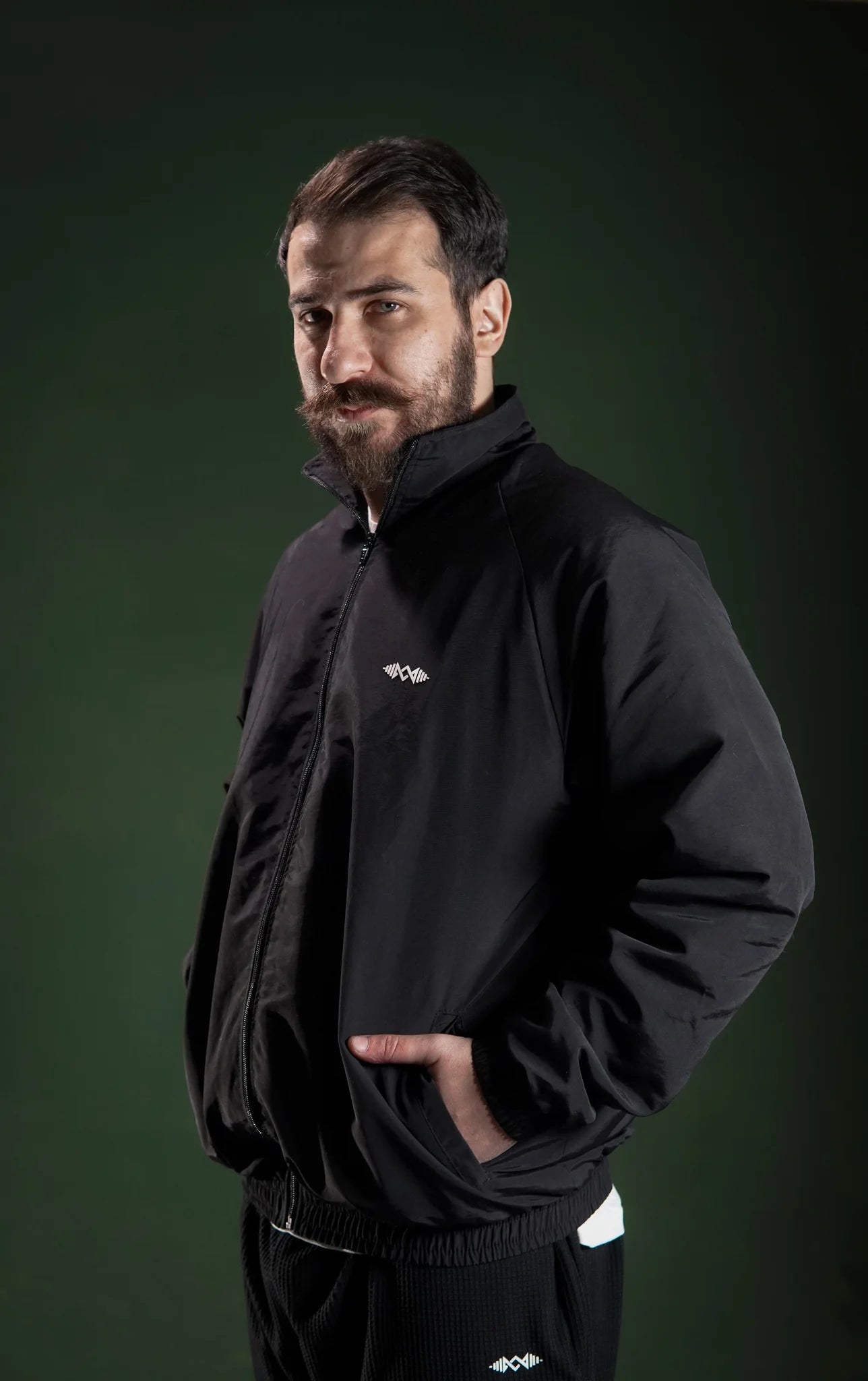 Men’s windbreaker jacket  Black, side view. Perfect for gym casual, and streetwear