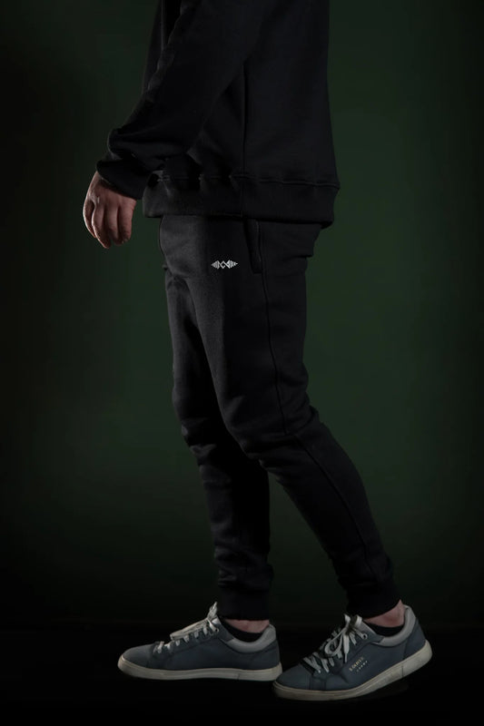 Men’s winter fleece sweatpants Black front view. Soft, warm, and stylish