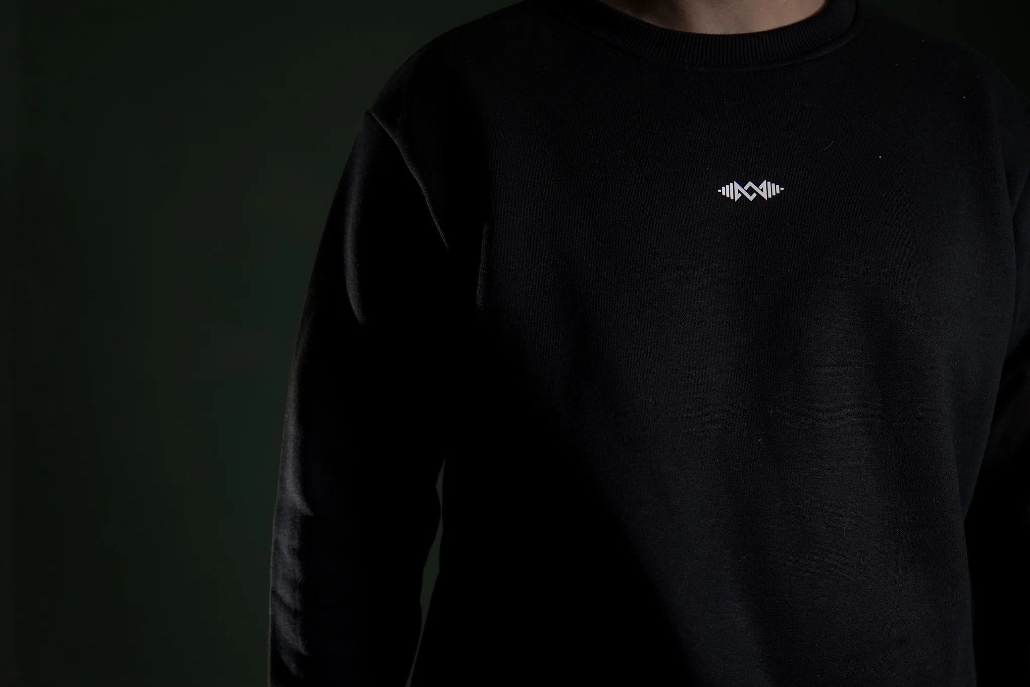 Men’s winter fleece sweatshirt Black, close-up. Soft fleece fabric and modern fit
